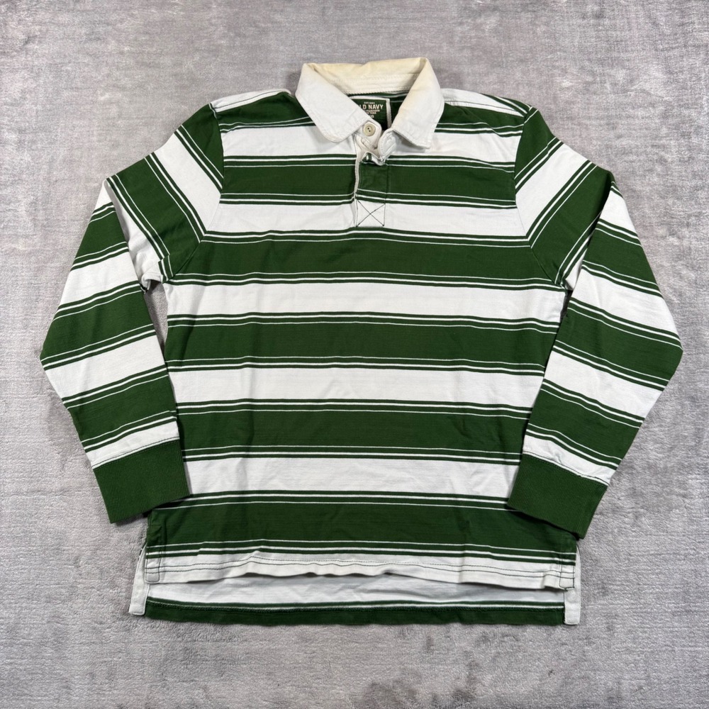 Old Navy Shirt Mens Large Green Striped Vtg Y2K Rugby Polo Long Sleeve Preppy